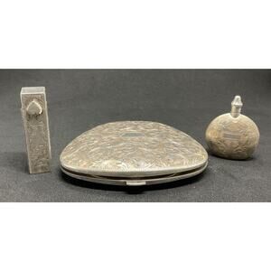 Antique Victorian Sterling Silver Mirrored Compact, Lipstick, Perfume 240 grams